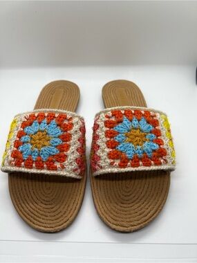 BAMBOO Crochet Strap Slide Sandals in Blue, Orange, Yellow, Cream